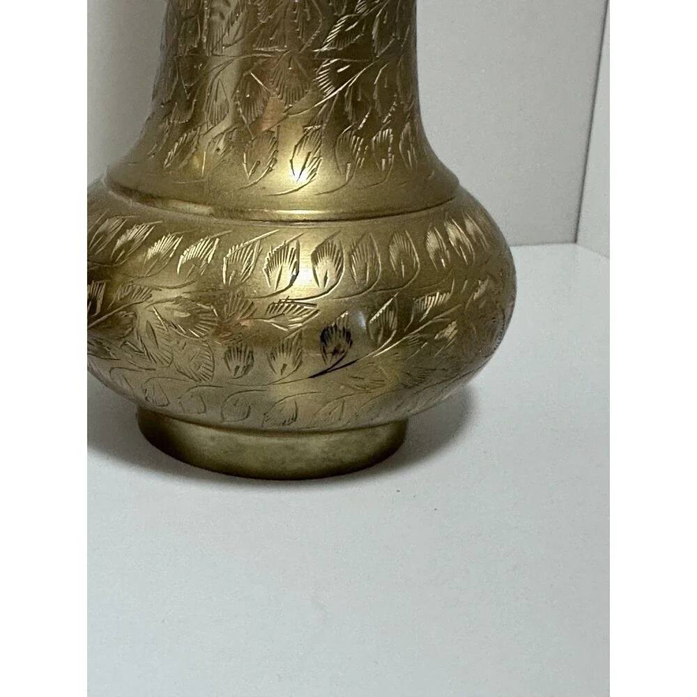 Vintage Pair Etched Brass Vases 11.5” Floral Engraved Made in India Boho Decor